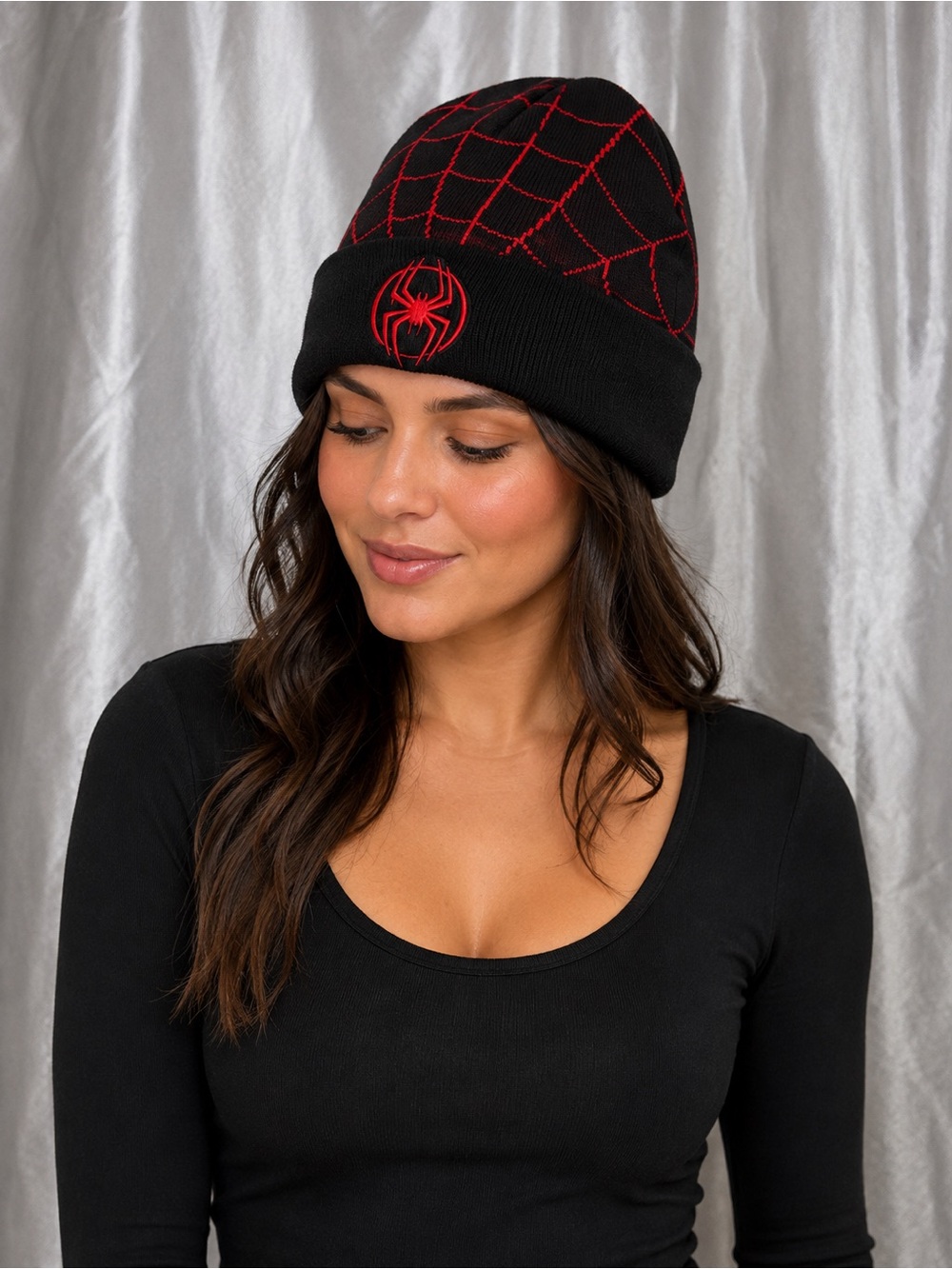 Spider-Man Beanie Black Red Spider Web Logo Knit Cuffed Hat Marvel Y2K